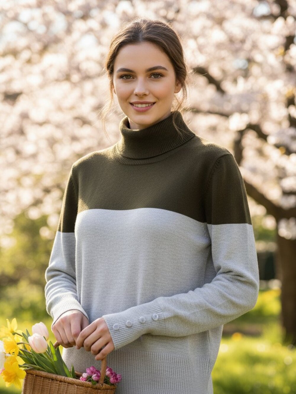 Retrelogy Turtleneck Army Green Combo Knit  Minimalist Pullover Sweater NWT PL